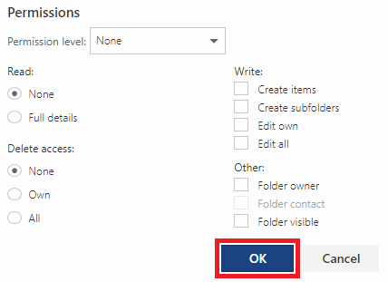 The permission options are displayed and OK is highlighted.