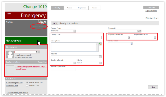 required fields for change request