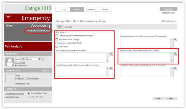 required fields for assessing change request