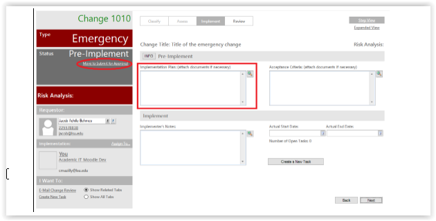 required fields for pre-implement step