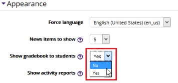 Show gradebook to students option in the Appearance drop down menu