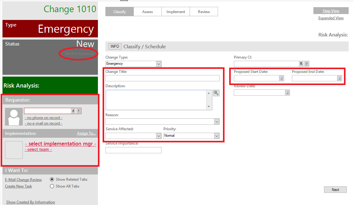 required fields for the initial emergency change request