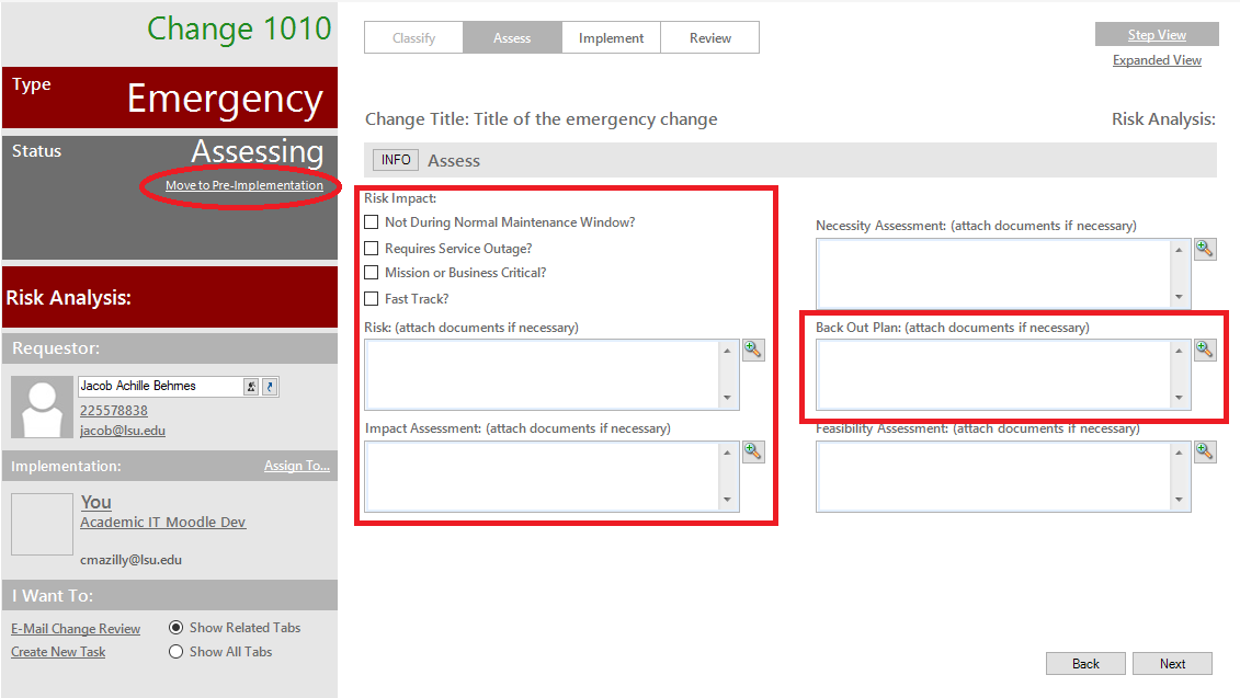 required fields for the emergency change request assessing step