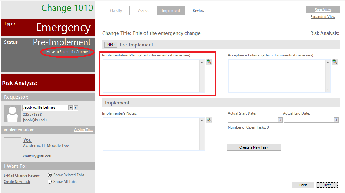 required fields for the emergency change request pre-implement step