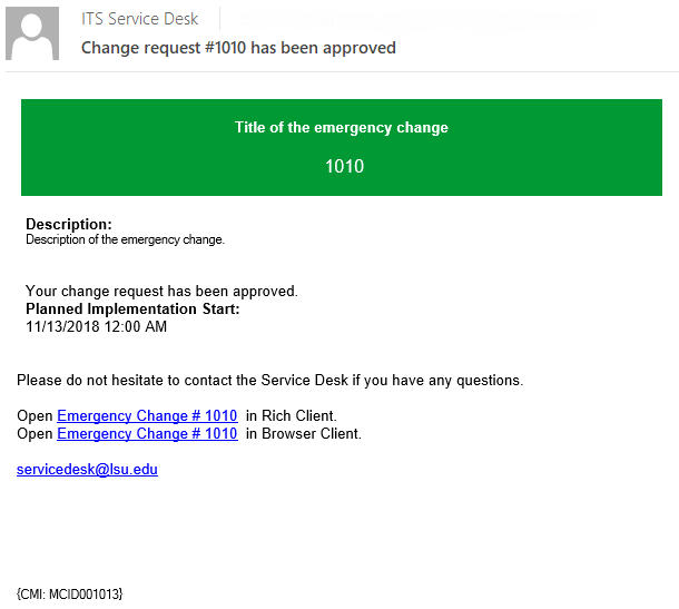 authorized emergency change email example