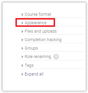 opening the appearance settings for a snap course page