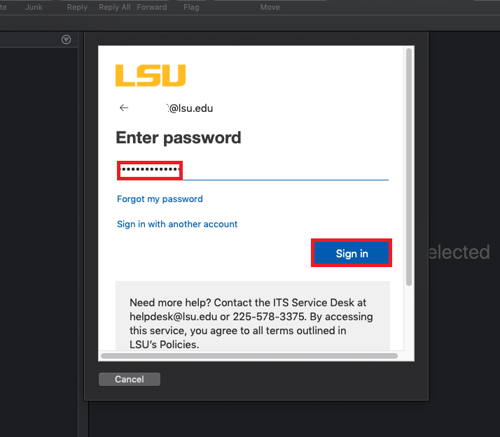 Enter mylsu password dialog box in mac mail