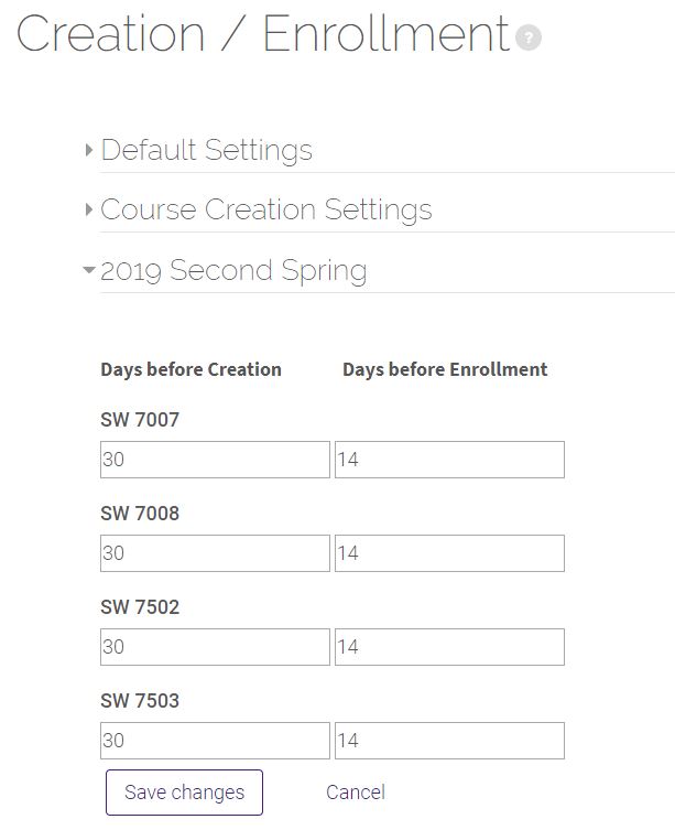 Creation and enrollment fields for courses
