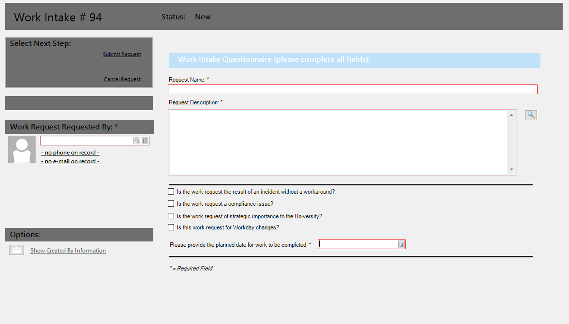 new work intake ticket form