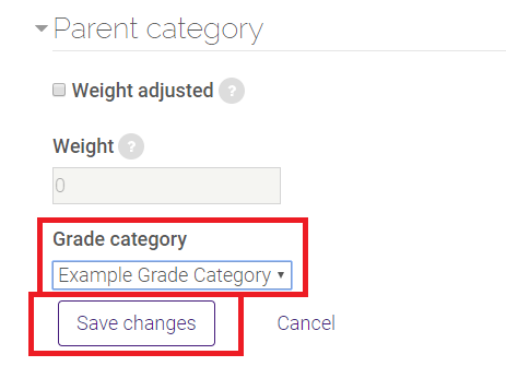 Grade category drop down and save changes button