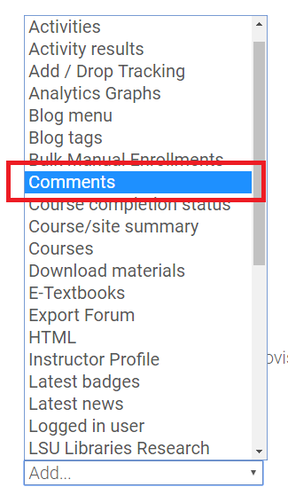 "Comments" option in the Add a Block drop-down box