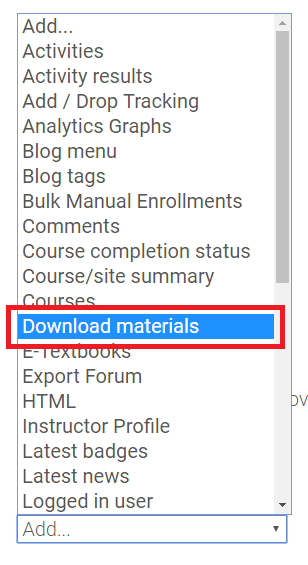 Download materials option in Add a Block dropdown menu