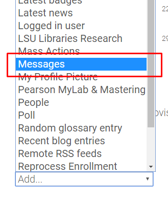 Messages option in Add a Block drop-down box