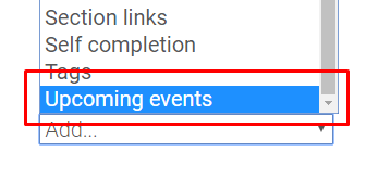Upcoming events option in add a block drop-down box