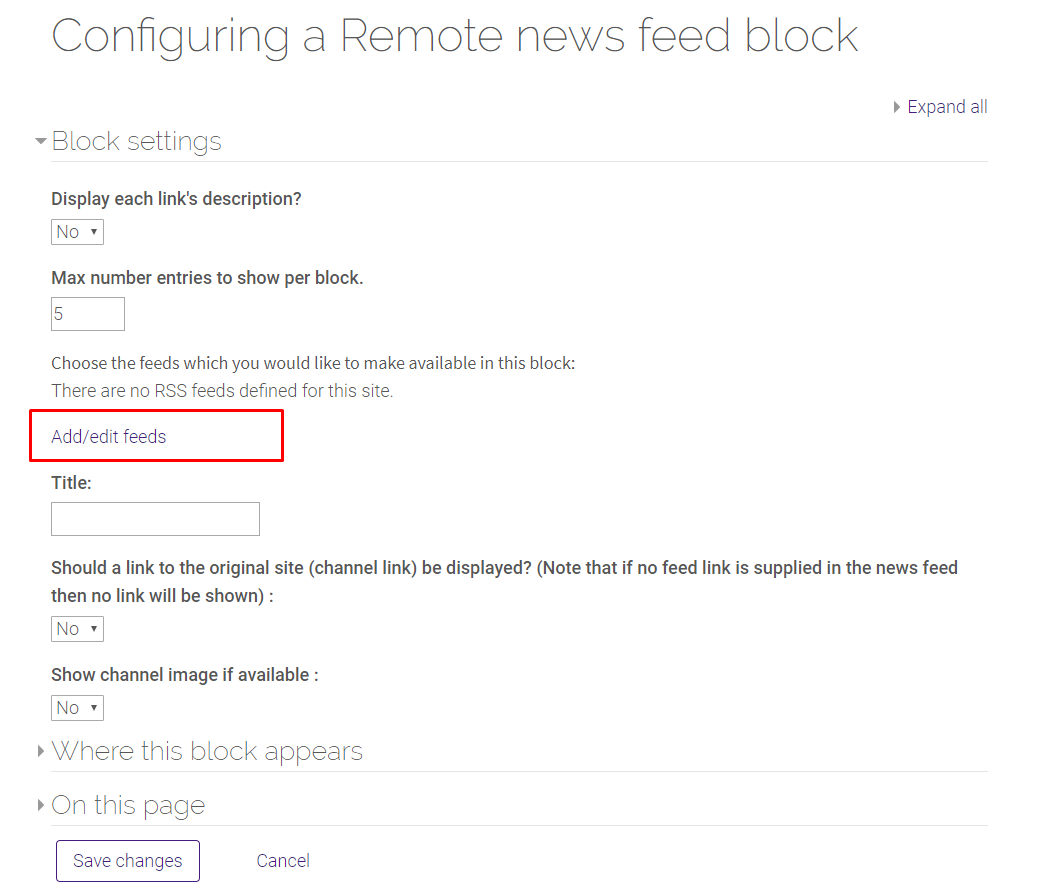 Add/Edit feeds option in Remote RSS Feeds block