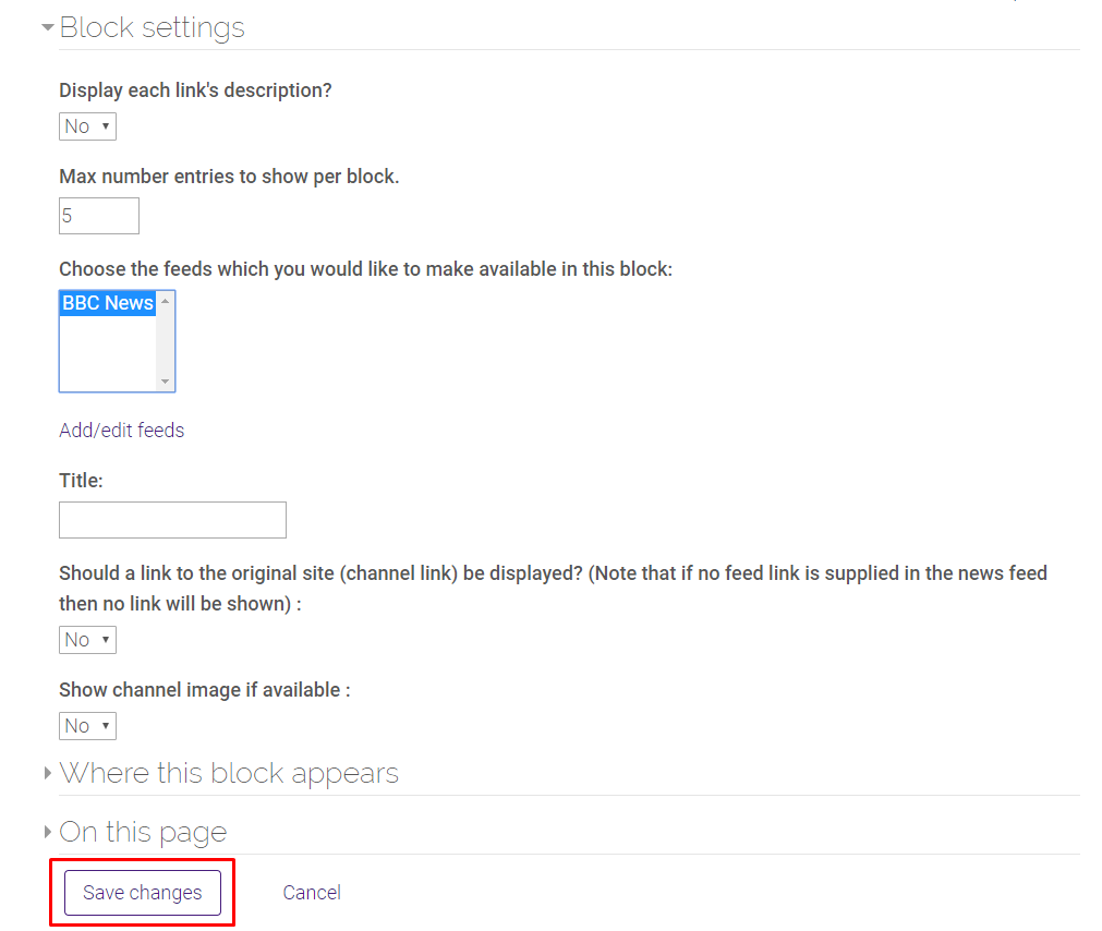 Configure remotes news feed block window, save changes button, and select specific feed