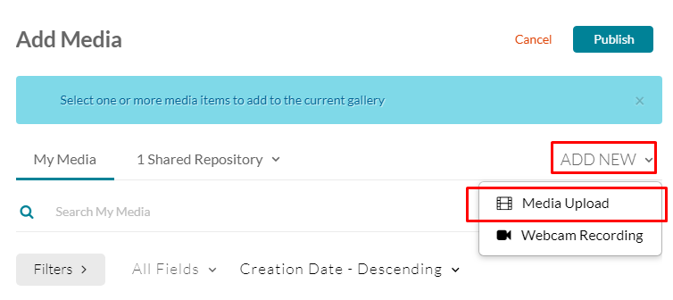 "Add new" drop down box with "media upload" option