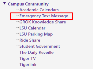 emergency text message link on the left hand side menu