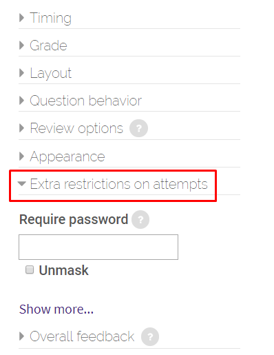 Extra restrictions on attempts tab for sample quiz