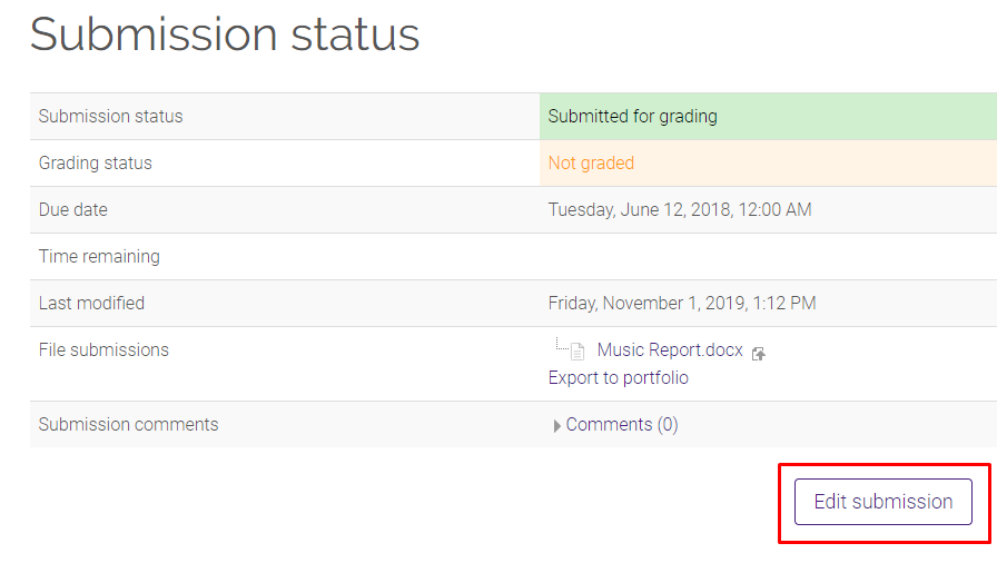 submitted assignment and edit submission button