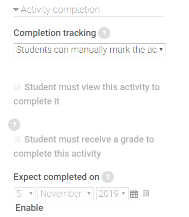 activity completion settings in Workshop settings