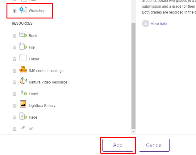 selected workshop option in activities section and add button