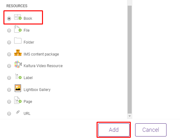 selected book option under resources section