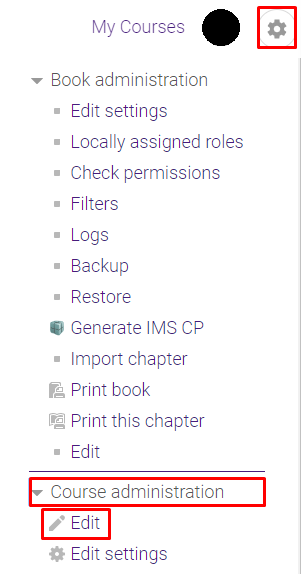 gear icon (admin) with course administration drop down and edit option