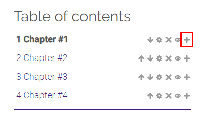 cross icon (+) to add subchapter to book