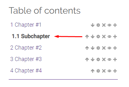 Subchapter displayed in book under table of contents