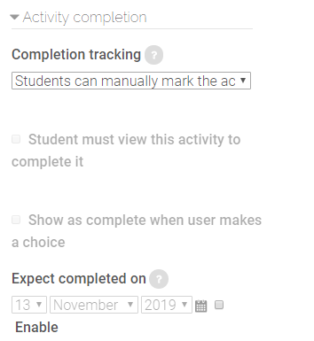 activity completion settings in choice settings