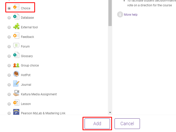 choice option under activities section for create learning activity