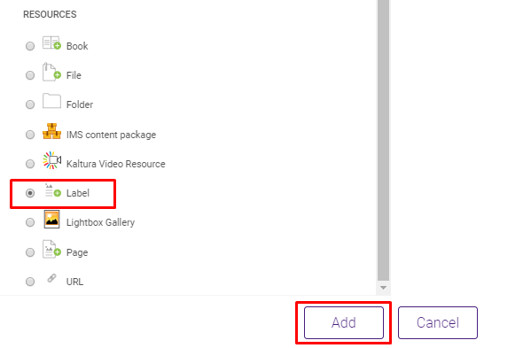label option in resources section of create a learning activity and add button