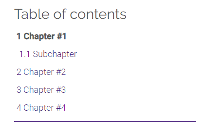 Table of Contents displayed