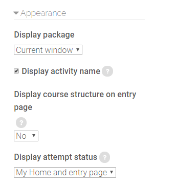 appearance options in SCORM package settings