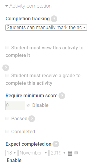 activity completion settings in SCORM package settings