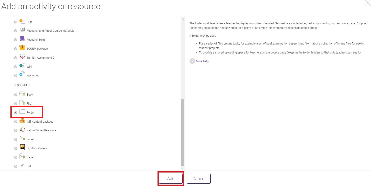 folder resource option selected and Add button