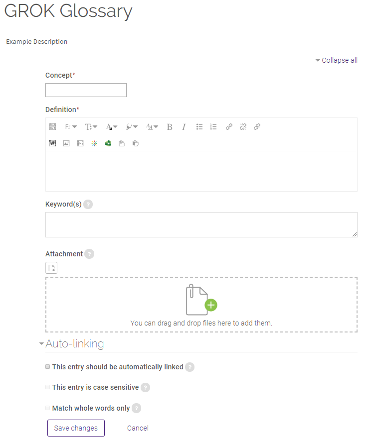 New entry general settings (concept name, definition, keywords and attachments)