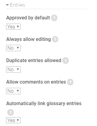entries settings in glossary activity