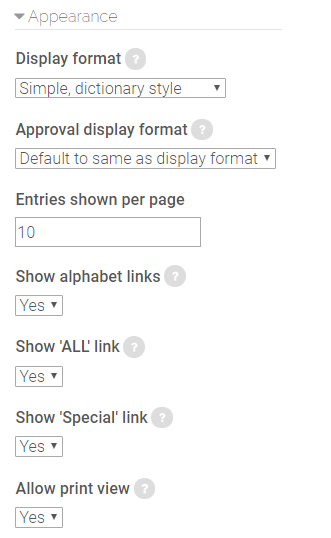 appearance settings in glossary activity