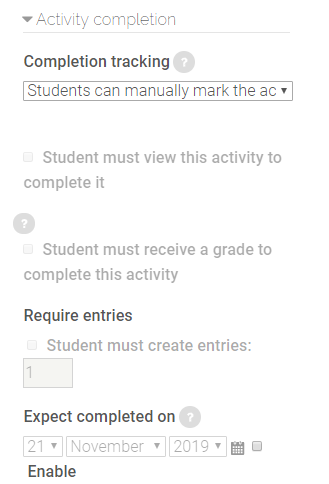 activity completion settings in glossary activity