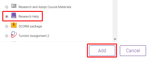 Research help option under activities list and add button