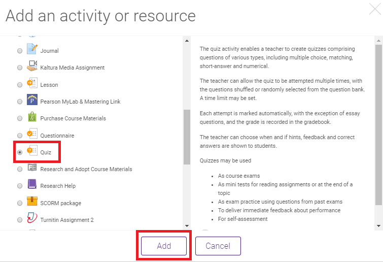 quiz option selected and add button