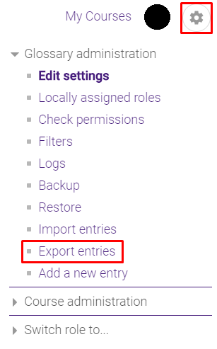 Admin gear in glossary and export entries option