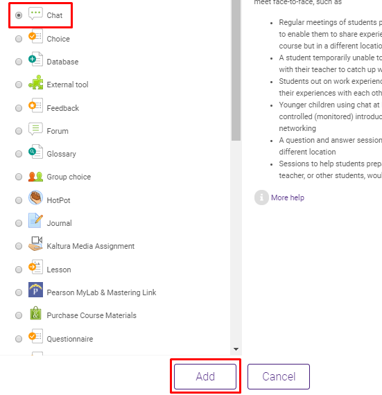 chat option under activities and add button