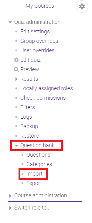 question bank and import buttons