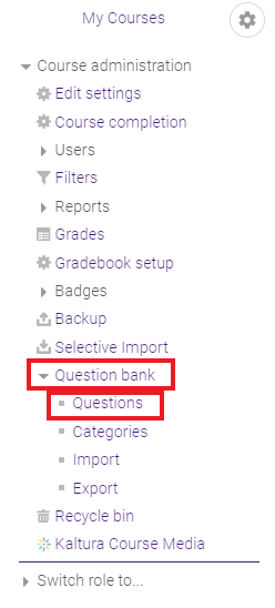 question bank drop down menu with questions selected