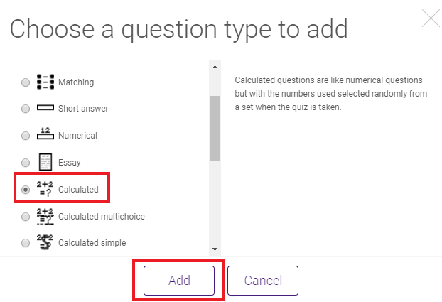 calculated question and add button