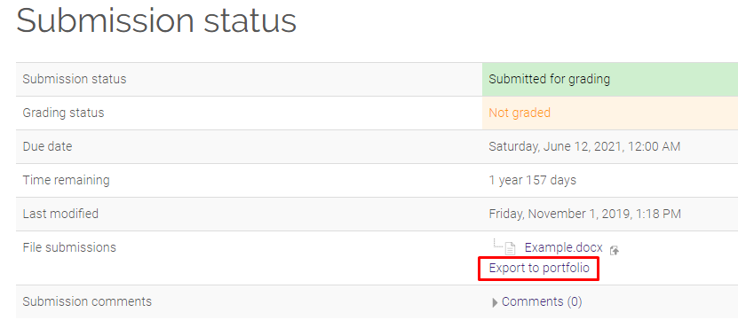 Export to portfolio button under file submissions