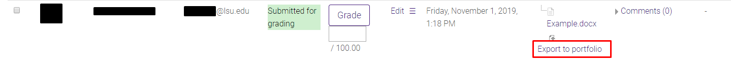 Desired student submission with export to portfolio button circled